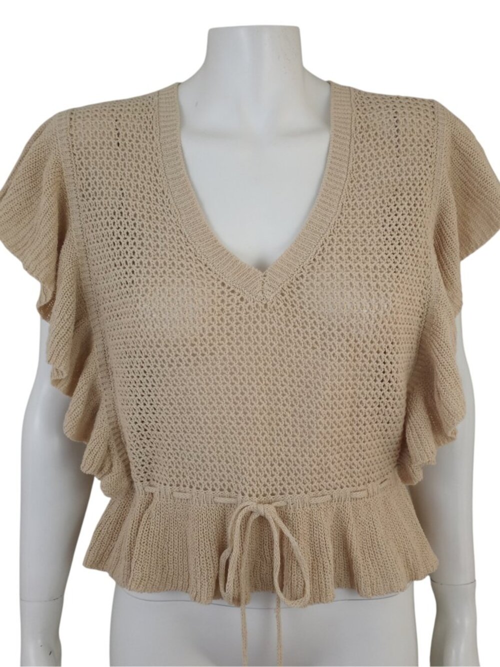 NWT Elan Beige Tan Open Knit Crochet Flutter Sleeve Peplum Sweater Top Womens M